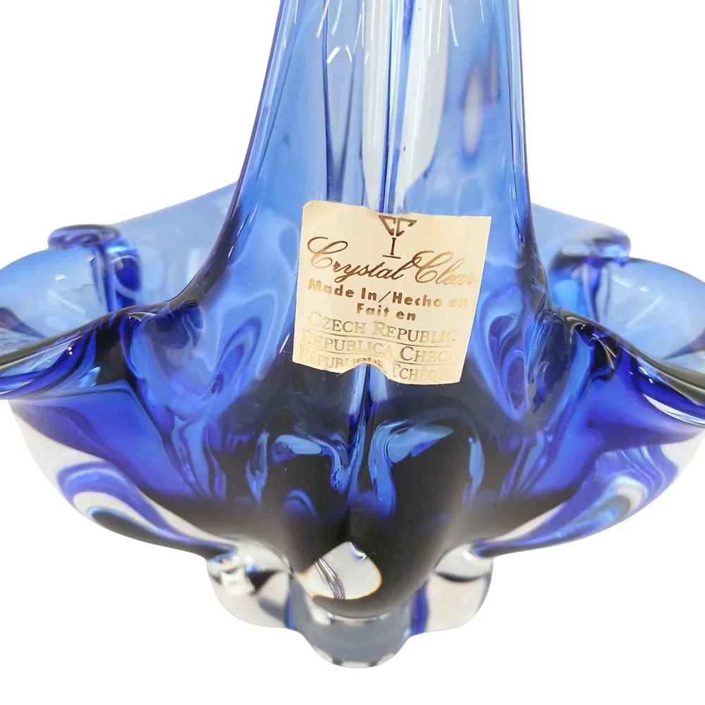Crystal Clear Basket Hand Blown Art Glass Blue/Pink 7.5